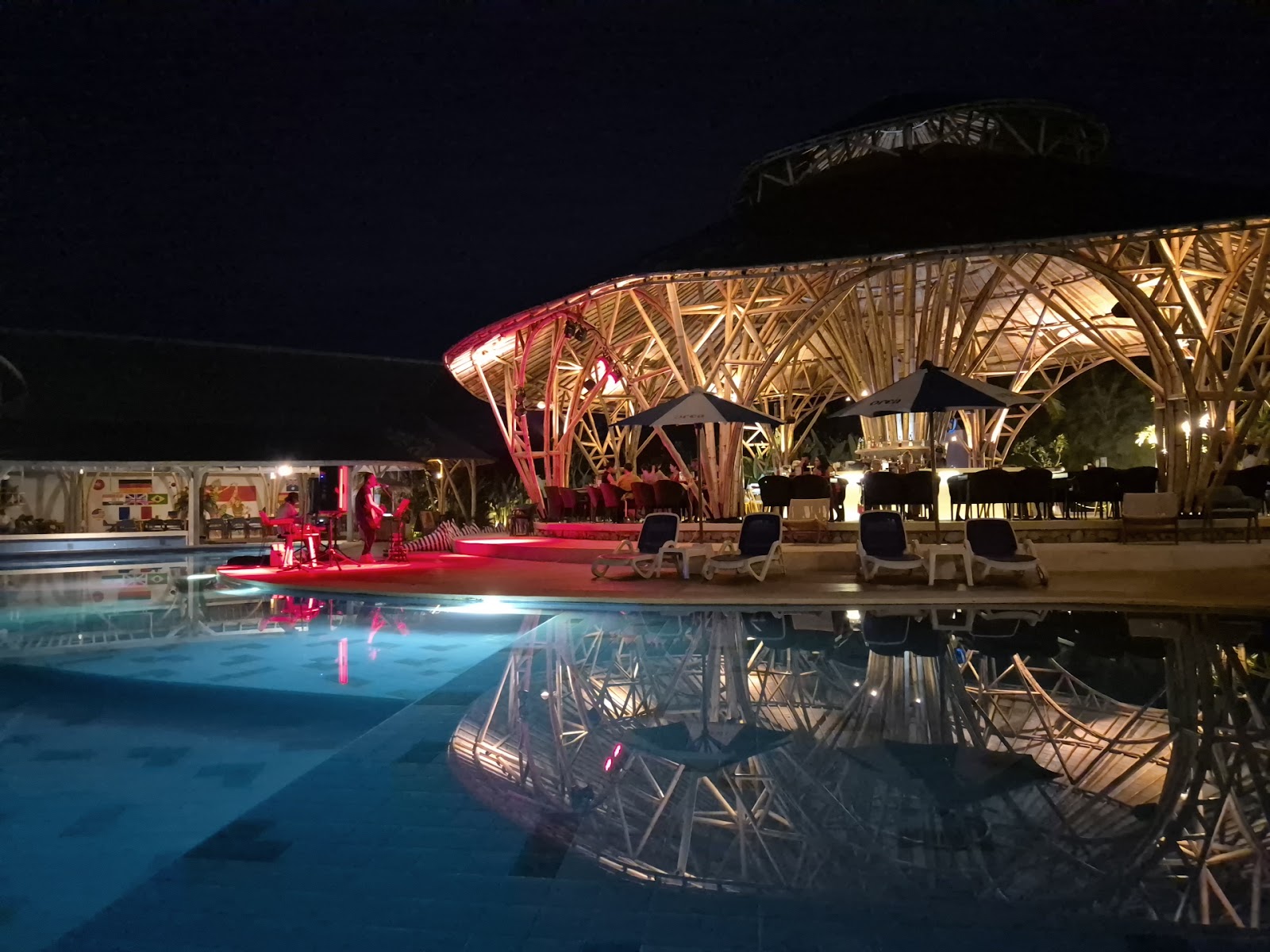 Swimming pool lit up at night