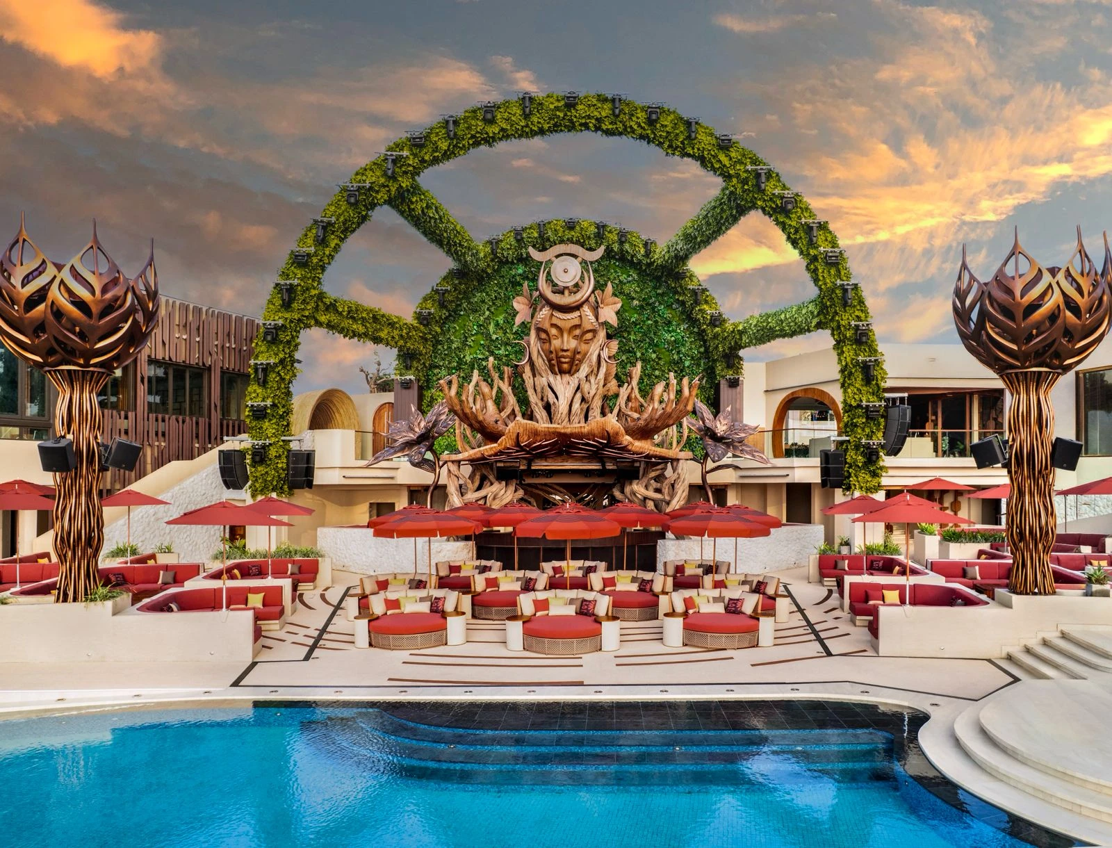 Main pool and sculpted centrepiece inside Zumana Beach Club